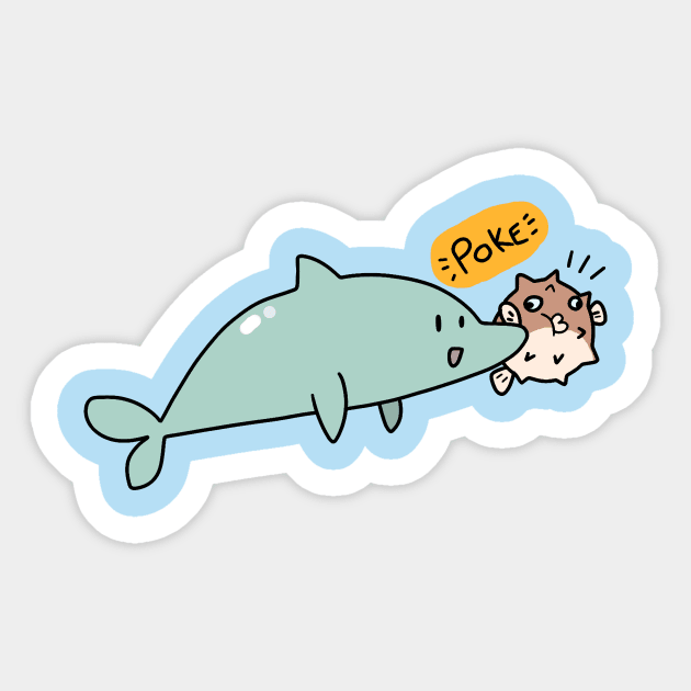 Dolphin Poking a Blow Fish Sticker by saradaboru